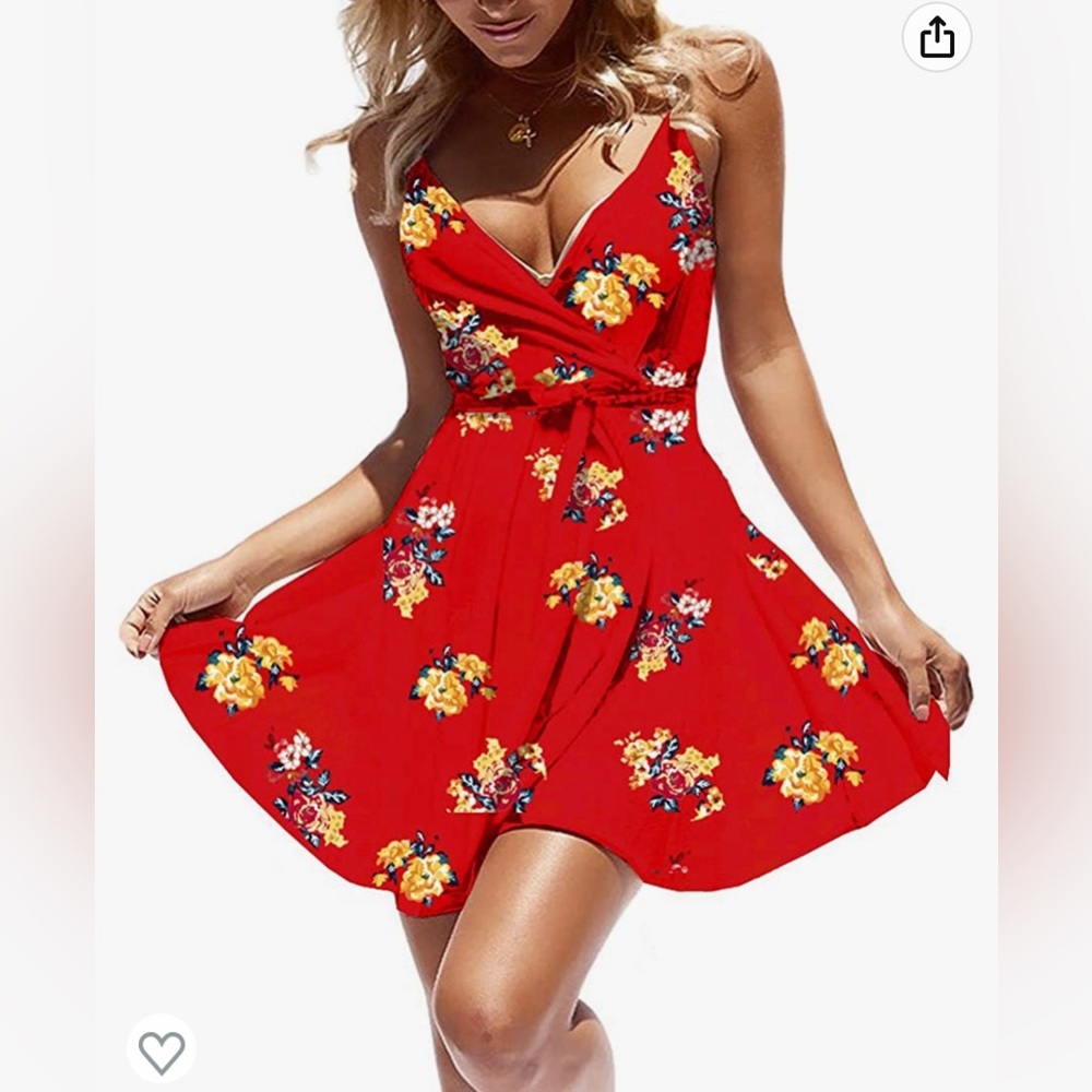 CASURESS Mini Floral Dress Sleeveless Spaghetti Strap Skater Dresses w/ Belt